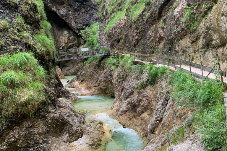 Schlucht Almbachklamm mit grüner Vegetation und einem schmalen Wasserlauf am Fuß der Felsen.