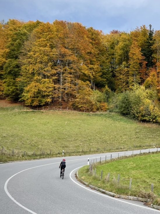 Radfahrer auf kurviger Straße in Berchtesgaden vor buntlaubigem Wald im Herbst.
