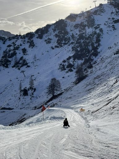Eine Schlittenfahrt auf einer verschneiten Piste, umgeben von Bergen und Sonnenschein am Jenner in Berchtesgaden. 