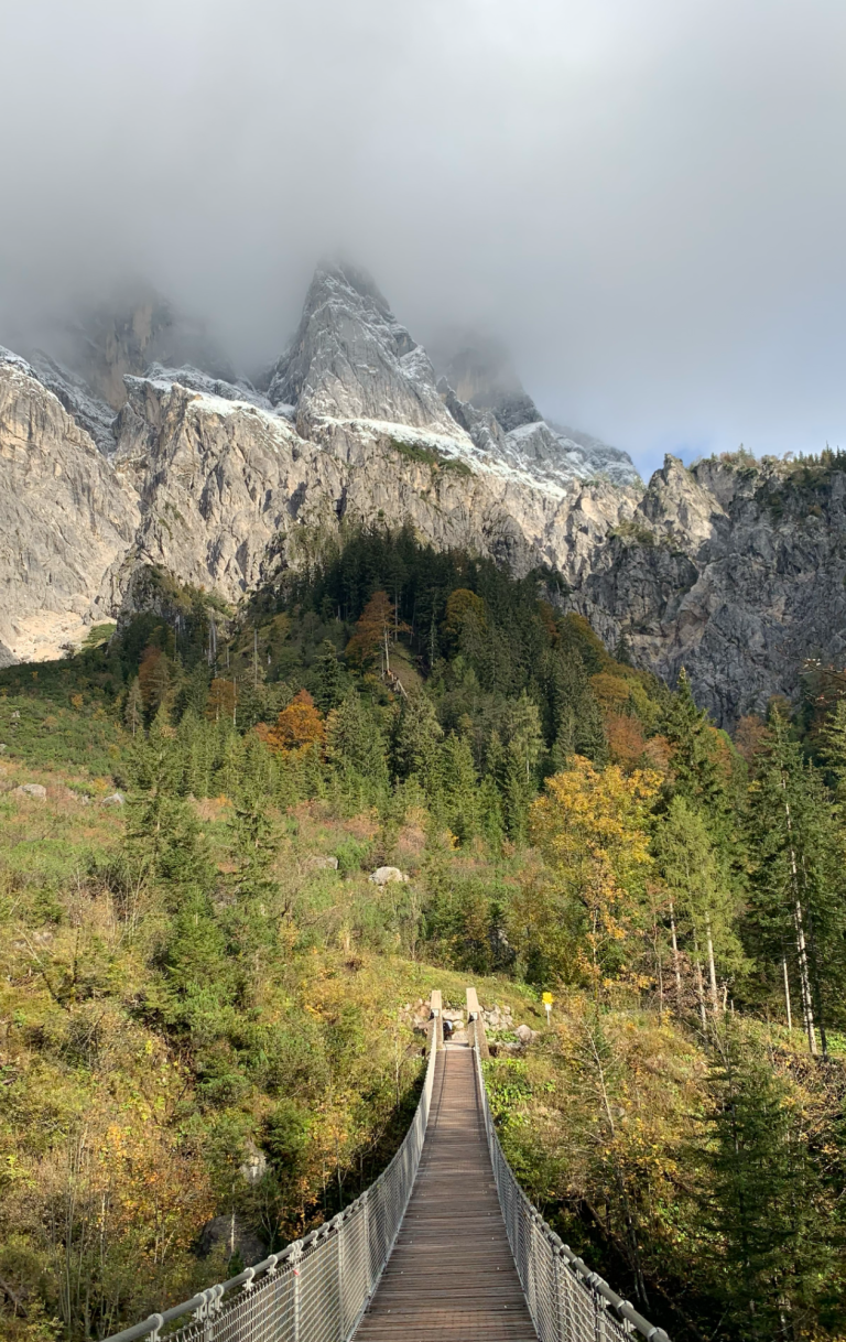 Herbststimmung auf der Hängebrücke im Nationalpark Berchtesgaden, Ramsau bei Berchtesgaden Wanderer auf einer Hängebrücke aus Holz im Nationalpark Berchtesgaden, vor bewaldeten Bergen und Nebel.